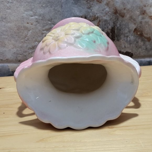 VTG USA Pottery Pink Green Yellow Flower Vase Pleated Fan Top Double Handles - Picture 6 of 14